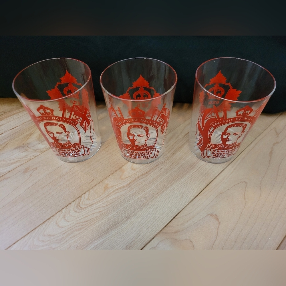 3 Identical Vintage King George VI Coronation May 12 1937 Glasses
